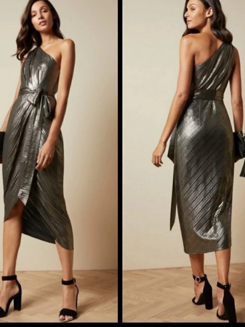 Ted Baker Gabria One Shoulder Metallic Midi Gown Size 3 or Medium Missing Belt - Picture 1 of 6